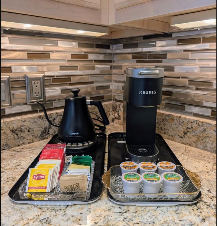 Coffee and tea station with a Keurig and kettle